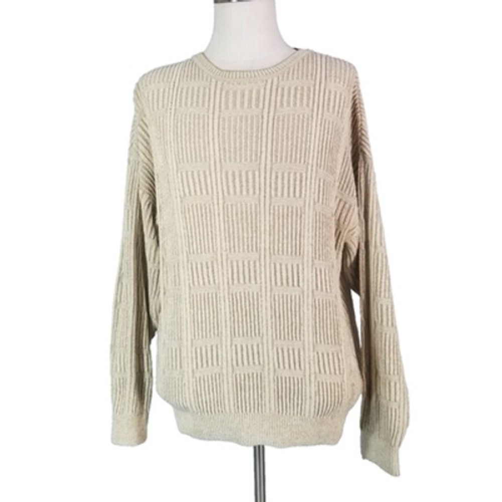 Roundtree & Yorke Sweater Mens Large Beige Crew Neck Pullover Preppy Chunky Knit